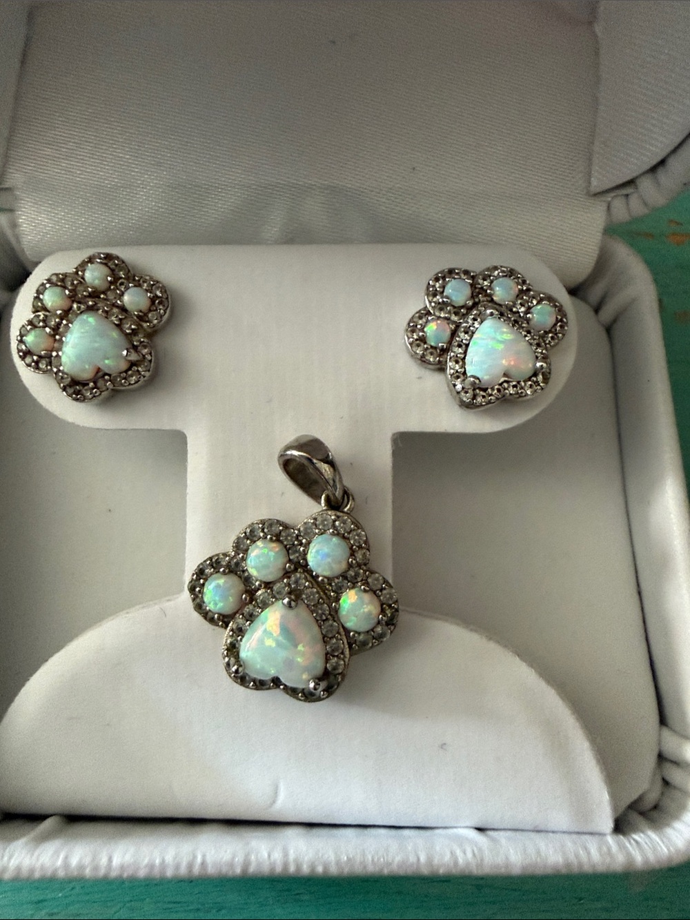 Opal Paw Print Pendant and Stud Earrings Set - White Opal on Silver